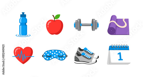 Healthy living icons: fitness, nutrition, and wellness essentials