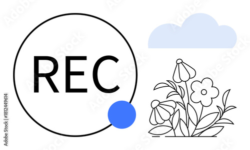 REC button symbol with a blue dot, floral outline, and soft cloud. Ideal for recording, creativity, ecology, digital technology, video production communication minimalistic design. A simple flat