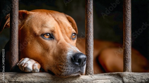 Lonely dog sitting quietly in wooden shelter, waiting for companionship