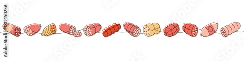 Beef sausages set. Butchery menu one line colored continuous drawing. Vector illustration