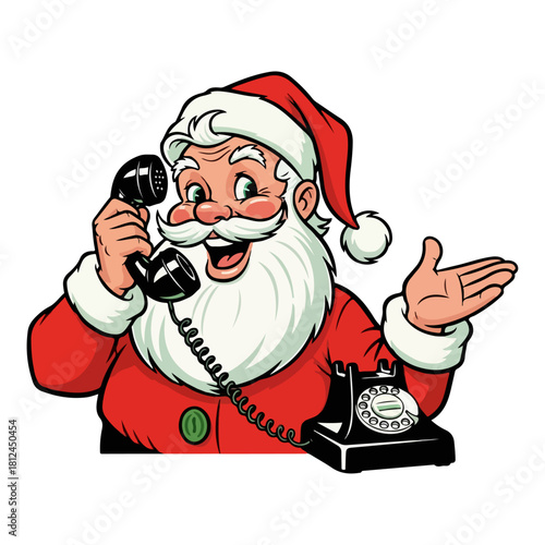 Vintage Santa Claus Taking Toy Orders on Retro Rotary Phone, 1950s Style Cartoon Illustration