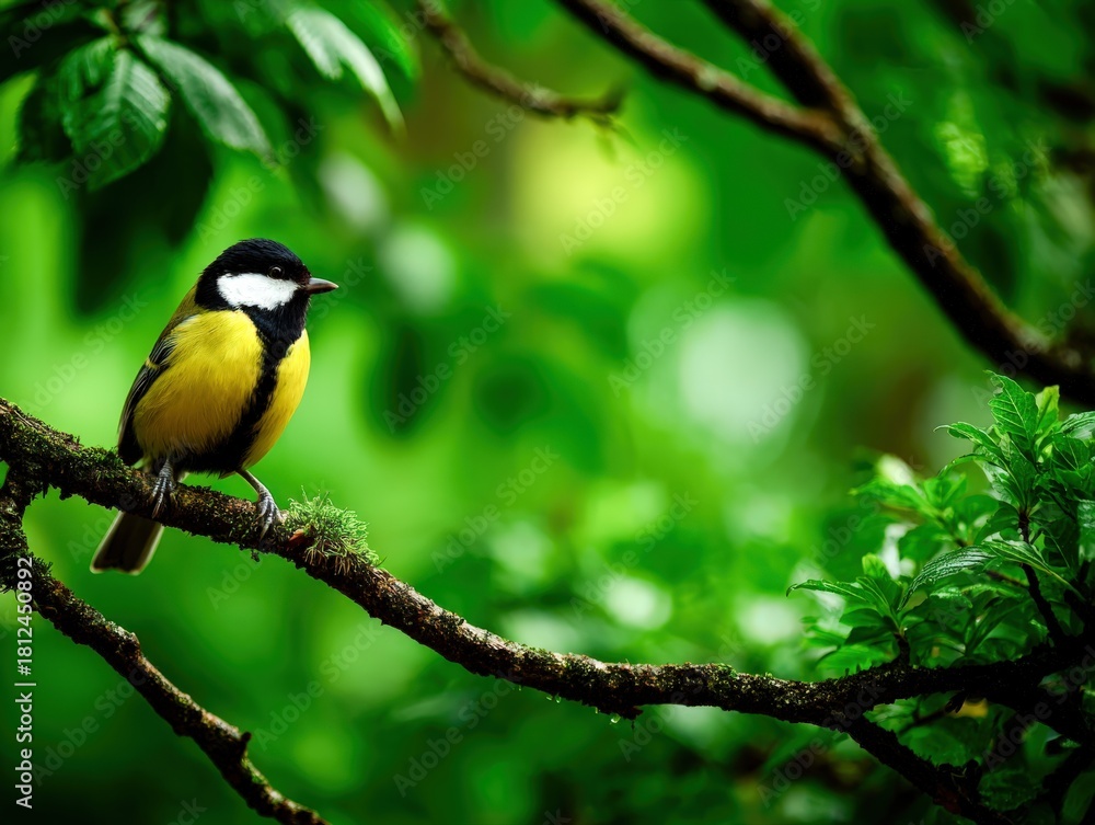 Naklejka premium Brightly colored bird perched on a branch in a lush green forest setting