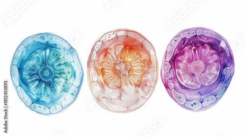 Clean scientific illustration of three germ layers formation in embryo (ectoderm, mesoderm, endoderm), cross-sectional anatomical view, color-coded tissue layers in soft scientific colors