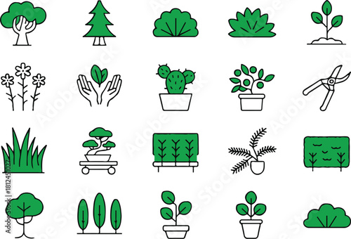 garden icon set plants and gardening symbols vector illustrations