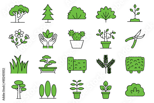garden plant icons potted trees flowers and landscaping symbols