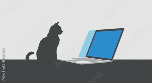 Cat and Laptop Silhouette: A sleek, dark silhouette of a curious cat sits beside an open laptop, hinting at a modern world where technology and animal companionship intertwine.