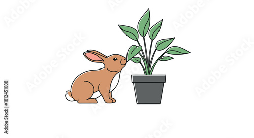 Curious Bunny and Green Plant: An adorable bunny cautiously approaches a vibrant green plant, sniffing its leaves with curiosity.