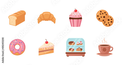 Delicious baked treats collection with coffee in vibrant flat design