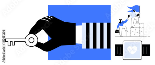 Black-gloved hand holding a key, smartwatch tracking heart rate, person with cape climbing blocks assisted by another. Ideal for security, health, success, teamwork, support, trust and leadership