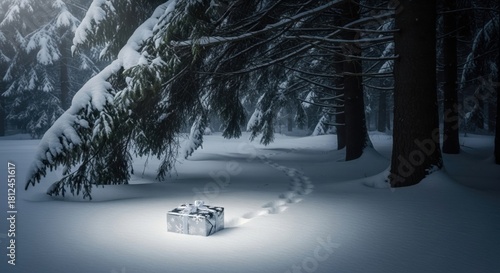 Christmas gift fallen from Santa's sleigh in a dense, harsh forest in Lapland