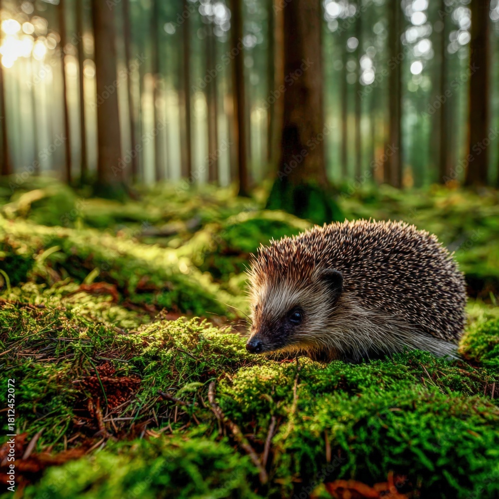 Fototapeta premium Hedgehog foraging on lush moss in a tranquil forest at sunrise