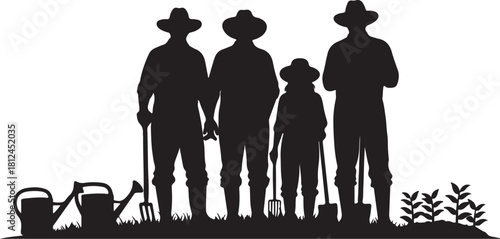 Silhouette of four gardeners with tools and plants on white background farmers agriculture on transparent background