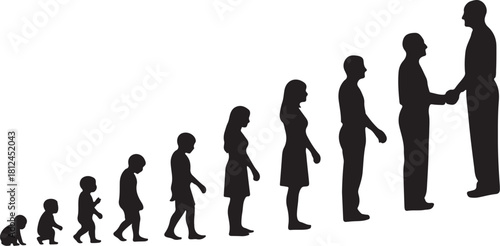 Silhouette of human life stages from baby to adult handshake Keywords: baby, infant, child, boy, girl, teenager, adult, man, woman, evolution, life, growth, stages, on transparent background