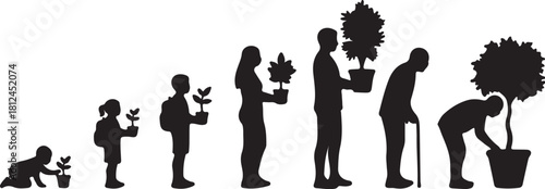 Silhouette of human life stages from infancy to old age with plants evolution growth on transparent background