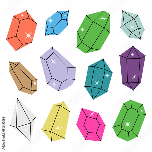 Crystals. Mystical, esoteric, magic or healing crystals. Gemstones, amethyst, ruby, sapphire, emerald, topaz and quartz.