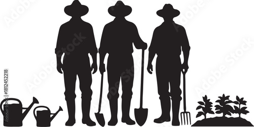 Three Farmers With Gardening Tools And Plants Silhouette farming agriculture on transparent background