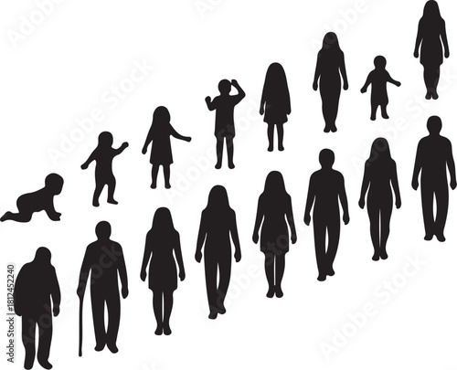Silhouettes Representing Human Life Stages From Baby To Elderly On White Background Keywords: life stages, human life, growth, development, aging, evolution, progression, on transparent background