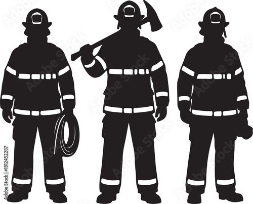 Three Firefighter Silhouettes with Equipment on White Background firemen uniform on transparent background