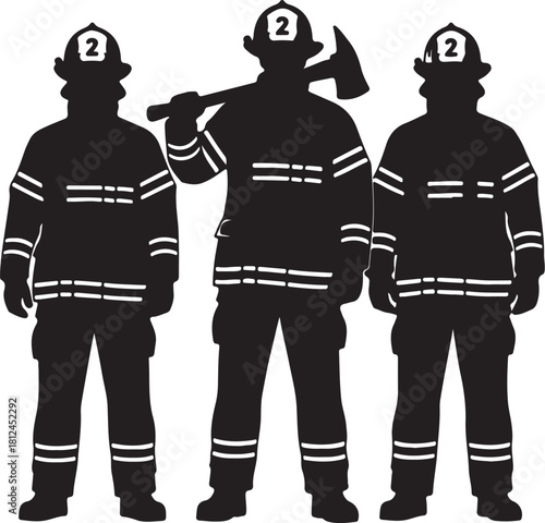 Three Firefighter Silhouettes with Axe and Helmets firemen fire department on transparent background