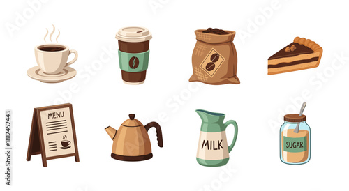 Coffee shop essentials collection: flat cafe cup, menu, and bakery treats