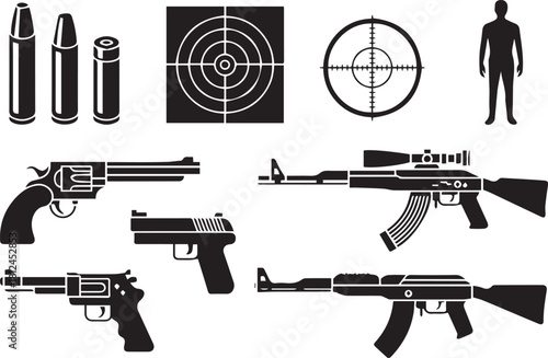 firearm icon set pistols rifles cartridges targets tactical layout