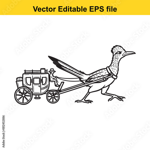 Funny black and white vector illustration of a roadrunner bird pulling a stagecoach with a driver, isolated on