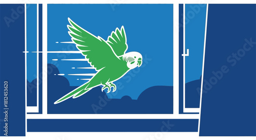 Parrot's Escape: A vibrant green parrot flies freely against a backdrop of clouds and sky, bursting through the confines of a window. Symbolizing freedom and adventure