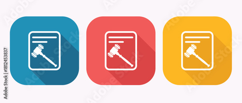 Law legal document icon with judge gavel showing jurisprudence concept in blue square button design