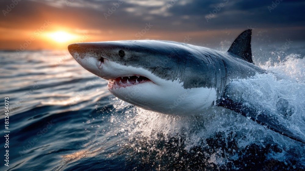 Naklejka premium Great white shark leaps out of water at sunset near the coast
