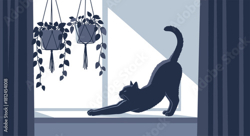 Cozy Morning Stretch: A sleek black cat enjoys a peaceful stretch in the morning sun, framed by a window and complemented by the gentle presence of hanging plants. 