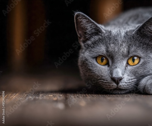 Gray cat with striking yellow eyes resting on wooden floor at home