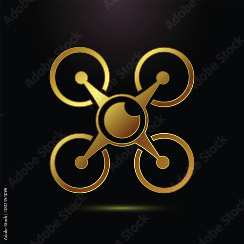 Golden drone logo illustration with camera lens and black background