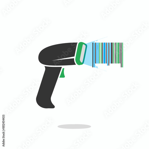 Barcode Scanner, subtle light beam, electric blue, forest green, and black, vector icon, simple, multi-color, clean lines, white background, trending on Dribbble