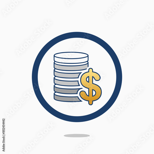 Coin Stack and Dollar Sign, financial glow, metallic silver, gold, and deep blue, vector icon, simple, multi-color, clean lines, white background, trending on Iconfinder