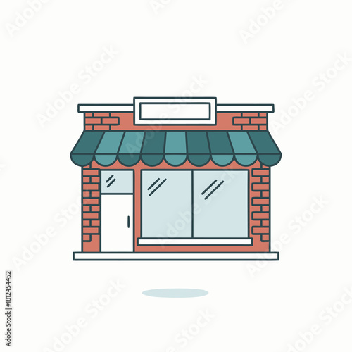 Store Front, large glass windows, brick red, beige, and dark teal, vector icon, simple, multi-color, clean lines, white background, trending on Behance