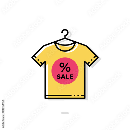 T-shirt on Hanger, apparel sale focus, sunny yellow, hot pink, and black, vector icon, simple, multi-color, clean lines, white background, trending on Dribbble