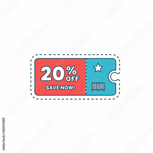Discount Coupon, dotted line border, festive red, cool blue, and white, vector icon, simple, multi-color, clean lines, white background, trending on Dribbble