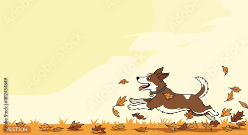 Playful Canine in Autumnal Frolic: A spirited canine dashes through a flurry of fallen leaves on a bright autumn day, epitomizing the joys of play and freedom.