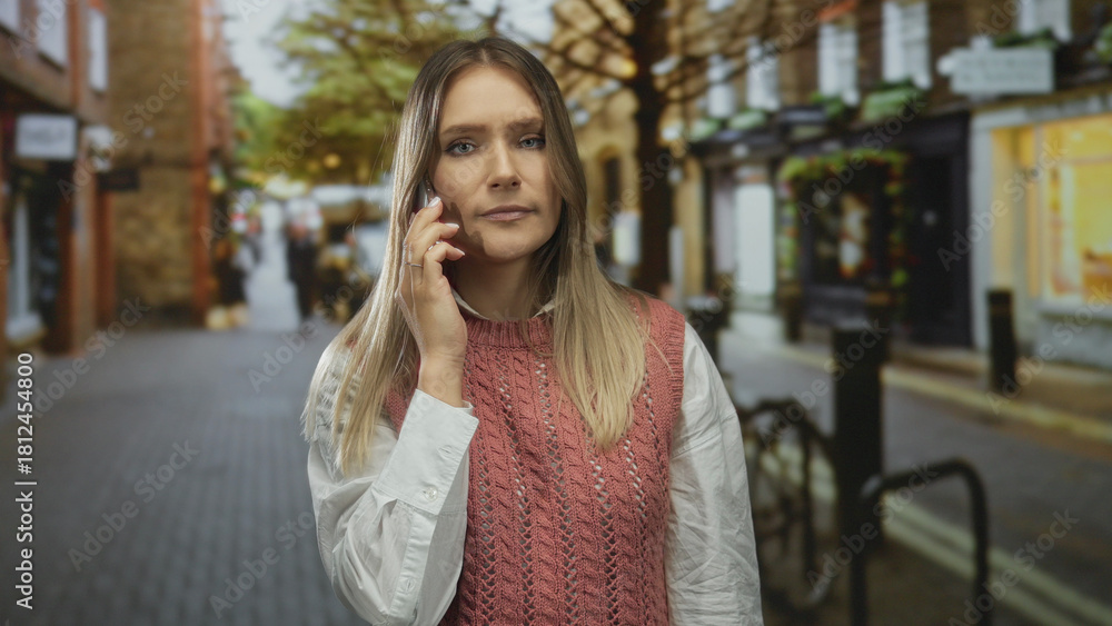 Fototapeta premium Woman talking on smartphone making quiet gesture outdoors on a lively city street during daytime, showcasing urban lifestyle and technology.