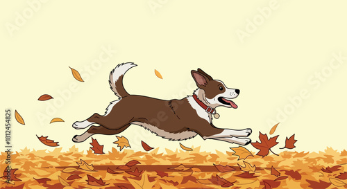 Joyful Canine Romp: A lively brown and white canine sprints joyfully through a vibrant autumn scene, frolicking amidst fallen leaves.
