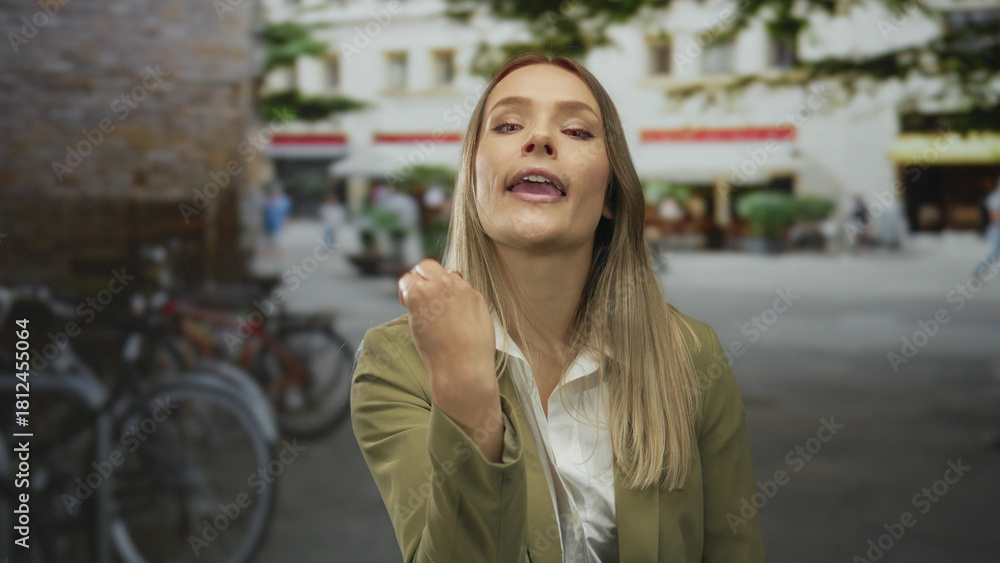 Fototapeta premium Young woman with blonde hair poses outdoors on a city street with bicycles and cafes in the background, exuding a confident expression in an urban setting.