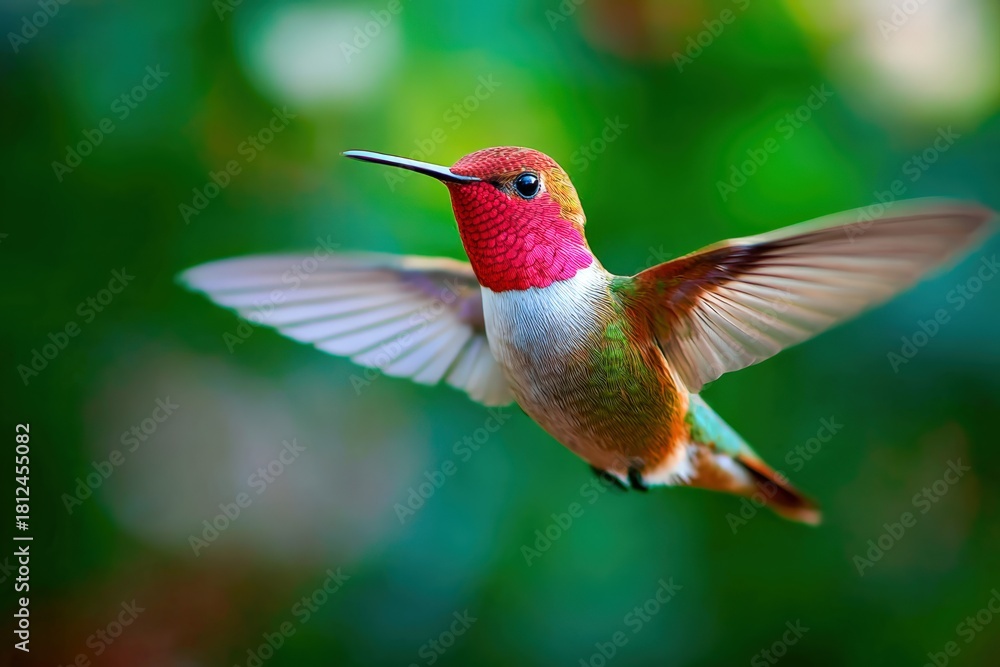 Obraz premium Colorful hummingbird flying gracefully in a lush green garden setting