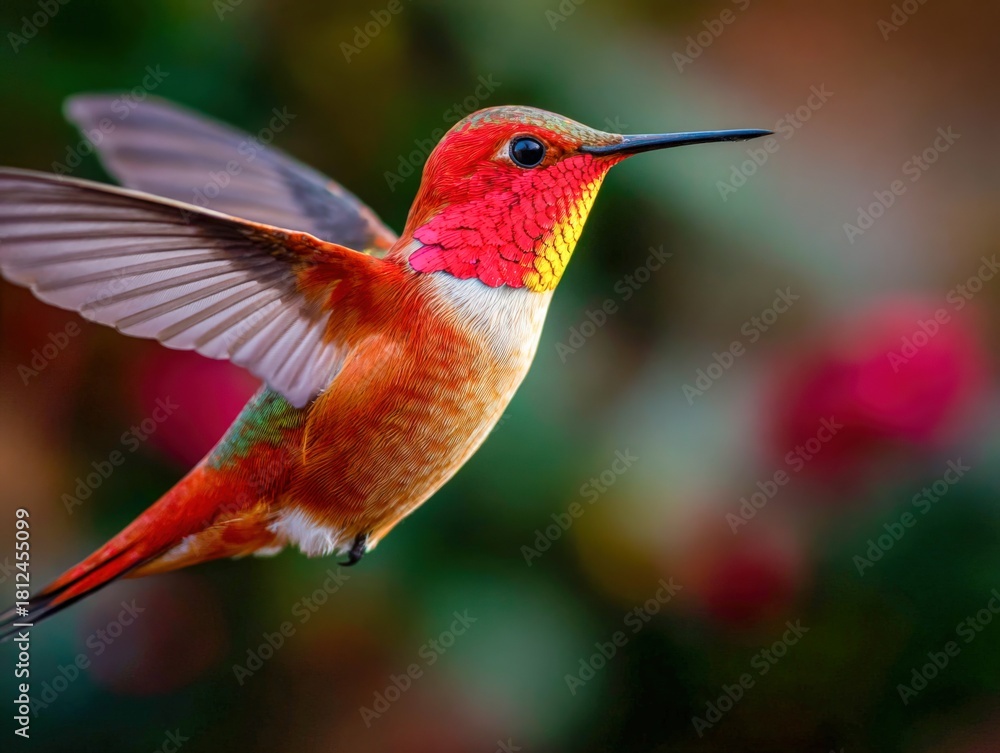 Obraz premium Colorful hummingbird hovering in a vibrant garden during springtime