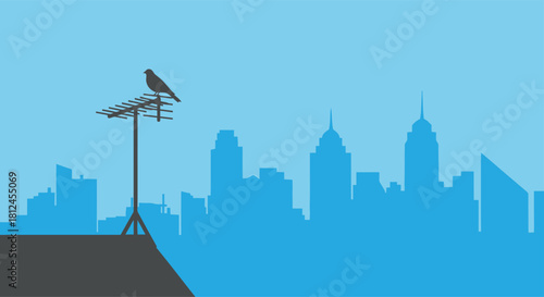 City Silhouette with Bird: A solitary bird perched atop an antenna, silhouetted against a captivating backdrop of a city skyline, blending nature's simplicity with the urban environment.New York city 