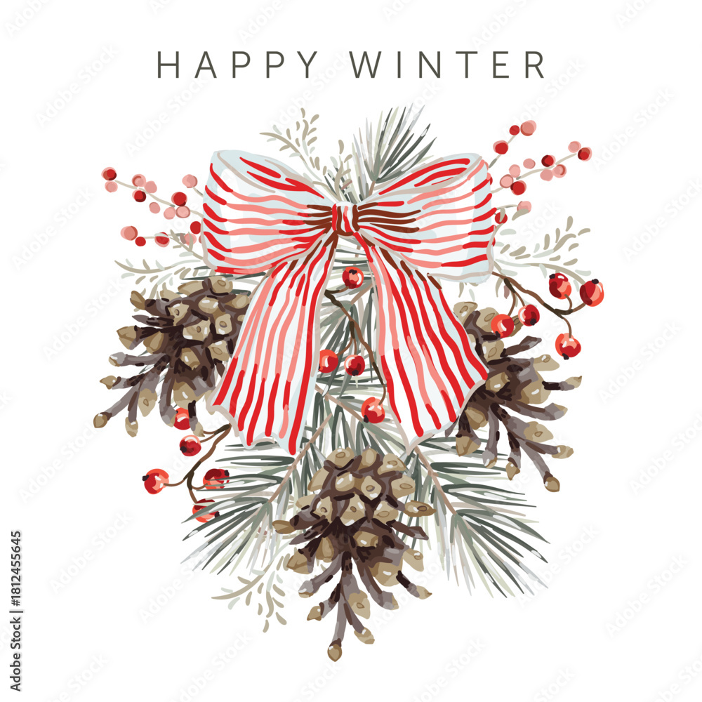 Obraz premium Christmas greeting card, text, white background. Pine cones, twigs, red berries, big bow. Vector illustration. Poster, banner design template. Winter nature. Xmas holidays