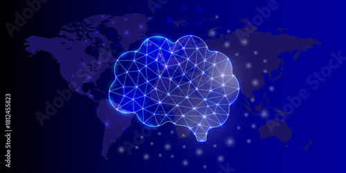 Human brain polygonal horizontal banner. Mind low poly symbol with world map background. Organ design template illustration.