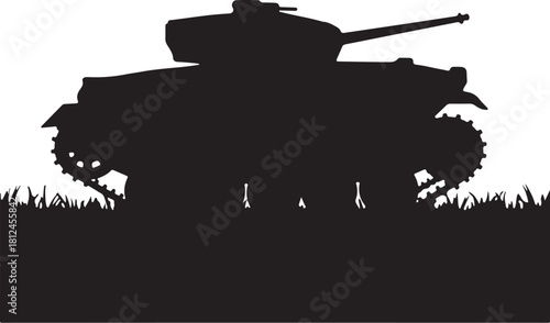 Black silhouette of a military tank in grass army vehicle