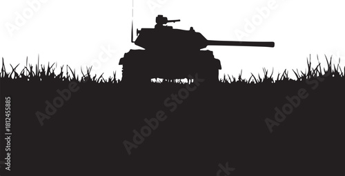 Black silhouette of a military tank in grass army vehicle