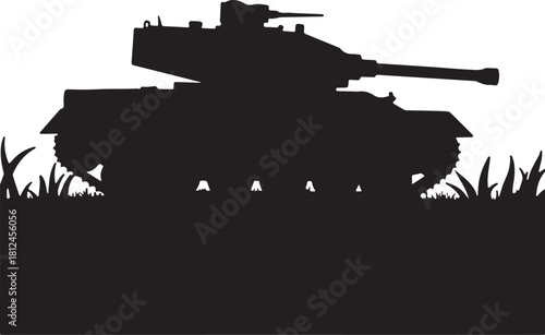 Black silhouette of a military tank in grass vehicle