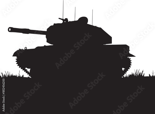 Black silhouette of a military tank on grass army vehicle